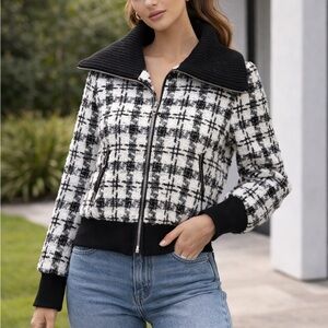 Karl Lagerfeld Black & White Plaid Bomber Jacket
